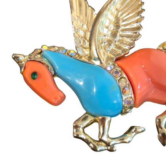 Hattie Carnegie Pegasus Brooch horse coral teal rhinestone accents unsigned VTG - Picture 3 of 9